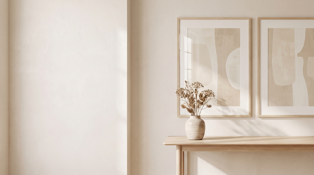Wall Art collection, framed abstract prints above a console table