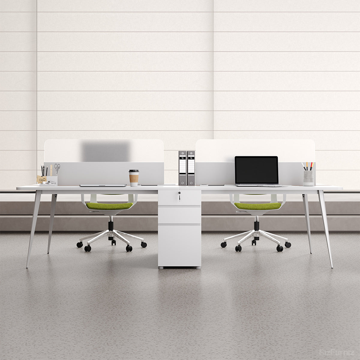 120" L 4-person Modular Office Desk, styled in an office