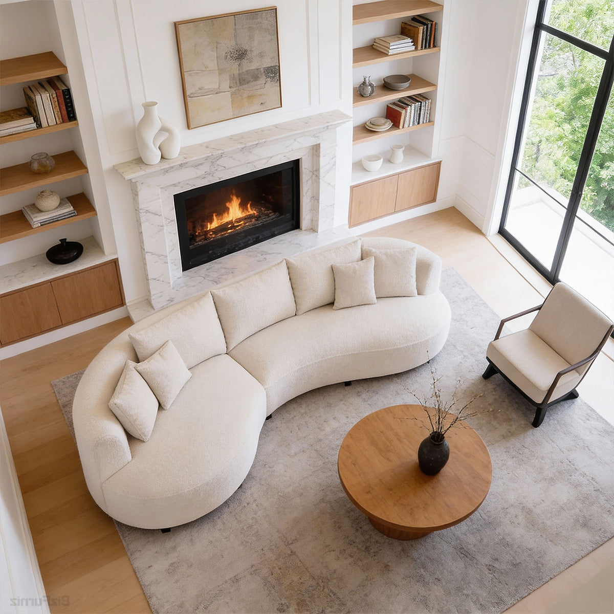 126" Curved Sectional Sofa, full piece styled in a room