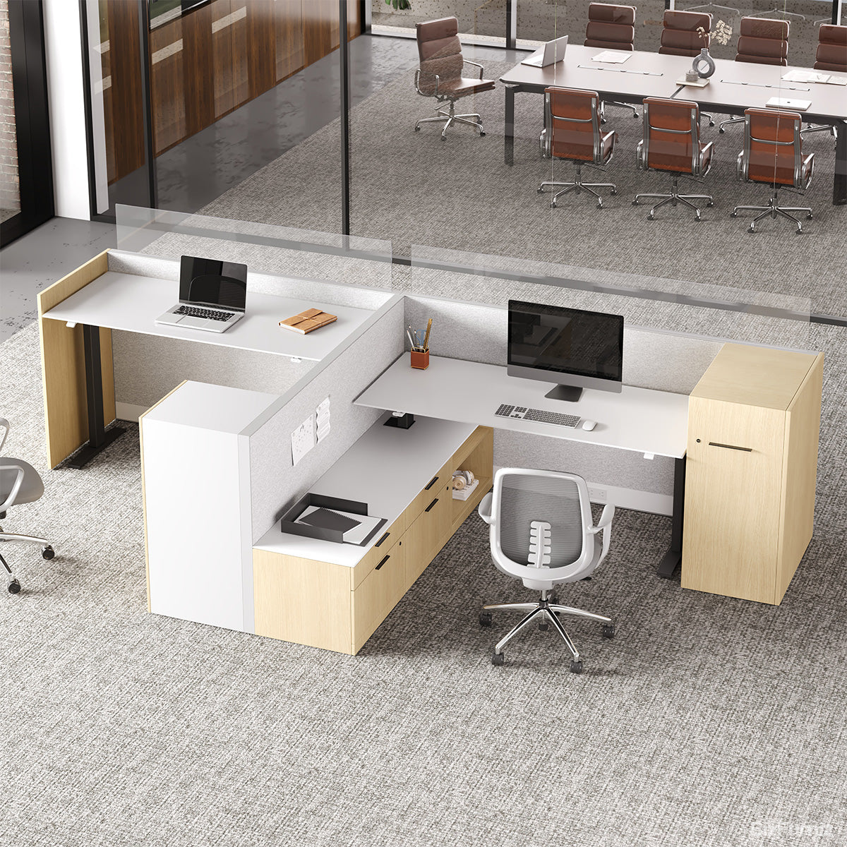 171" Sit Stand Desk, L-shaped Office Workstation for Two, front view