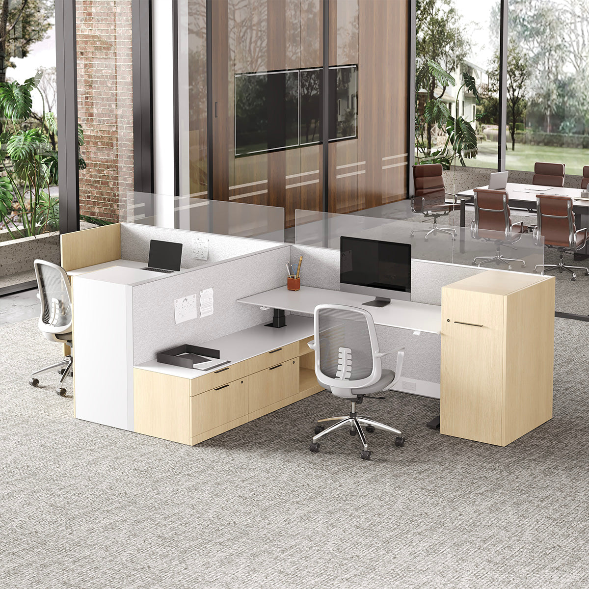 171" Sit Stand Desk, L-shaped Office Workstation for Two, finish close up