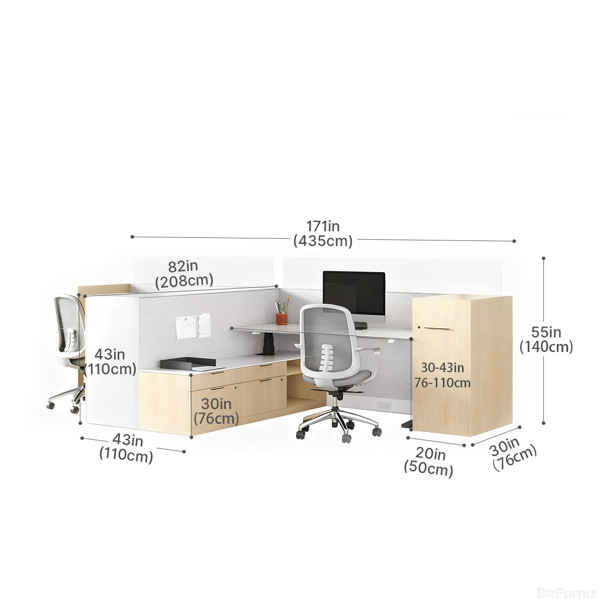 171" Sit Stand Desk, L-shaped Office Workstation for Two, second front view