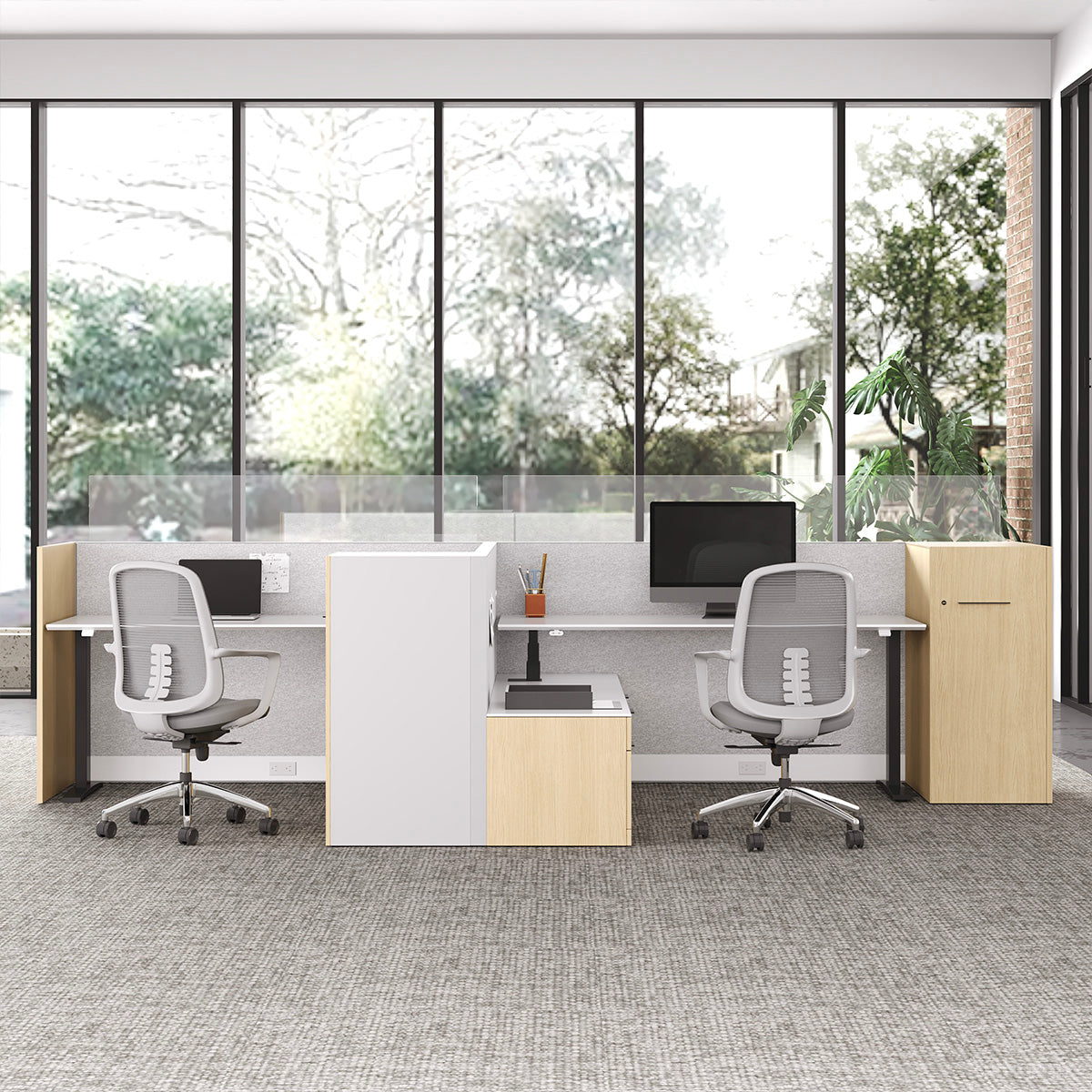 171" Sit Stand Desk, L-shaped Office Workstation for Two, surface and edge detail