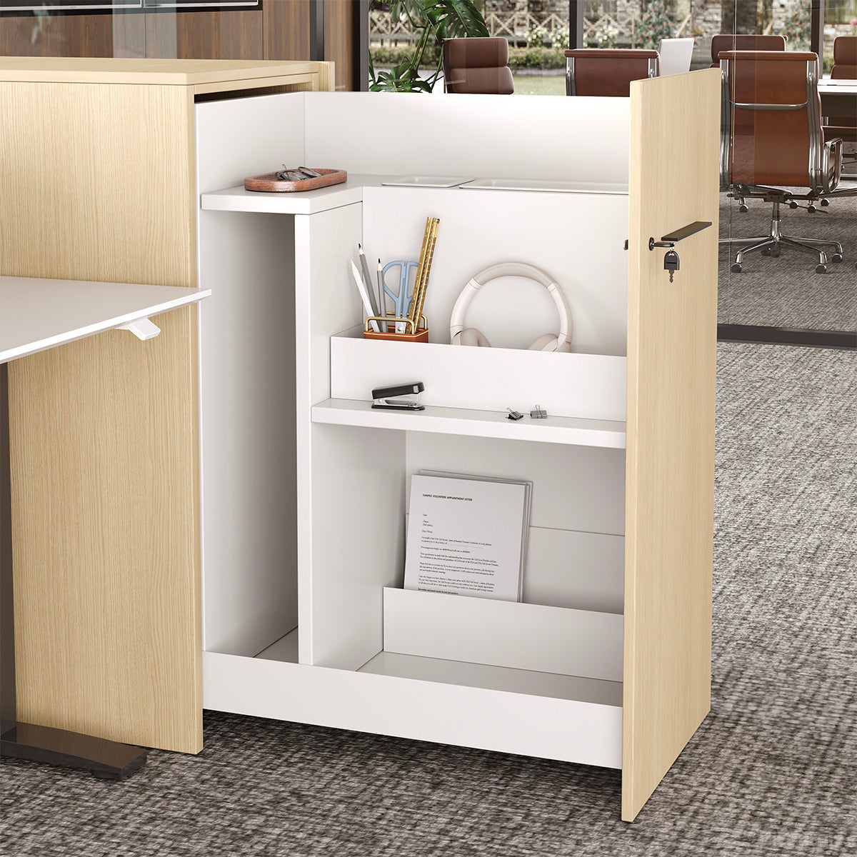 171" Sit Stand Desk, L-shaped Office Workstation for Two, height adjusted view