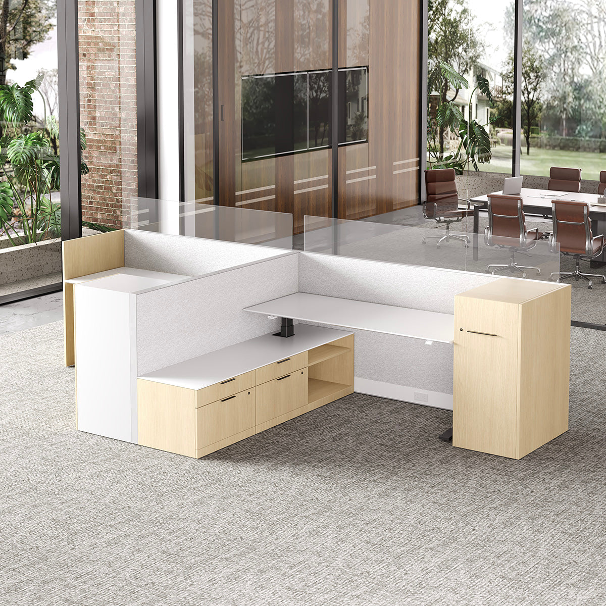 171" Sit Stand Desk, L-shaped Office Workstation for Two, top down view