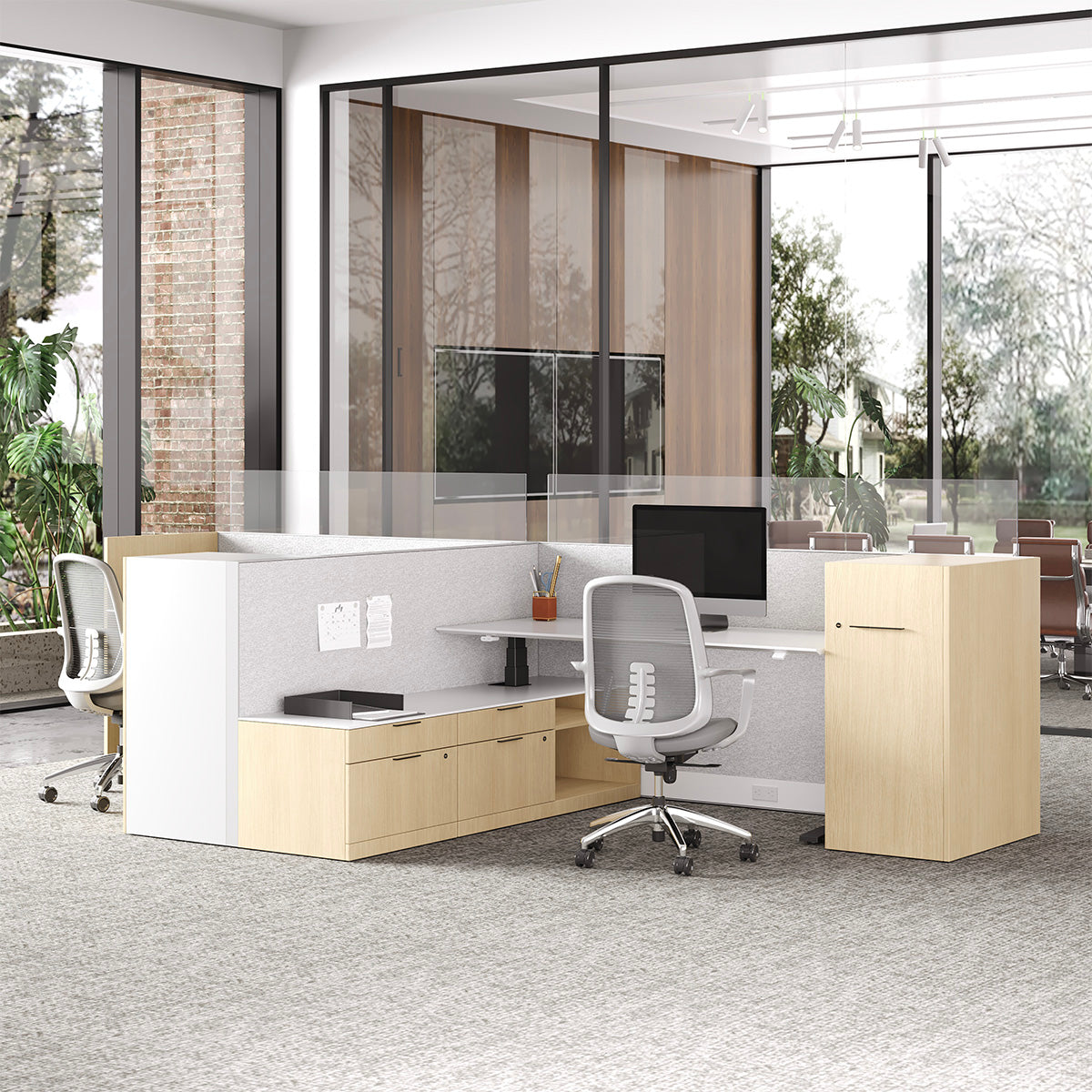 171" Sit Stand Desk, L-shaped Office Workstation for Two, scale with a chair