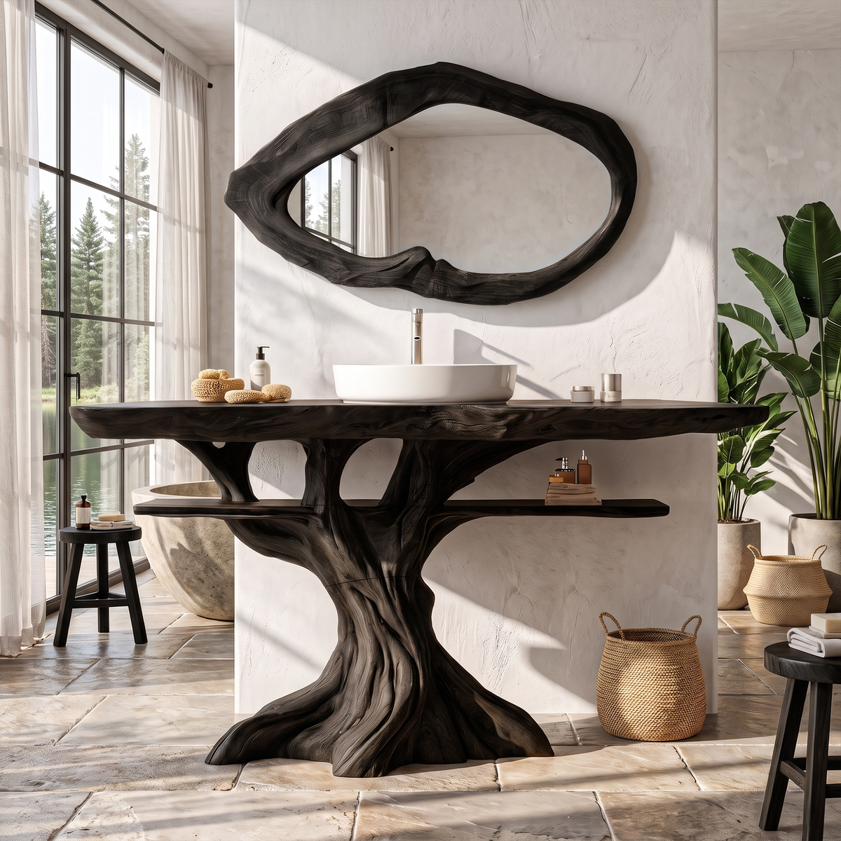 Contemporary Wooden Bathroom Vanity With Tree Inspired Frame For Bathroom SINLKIBRV345