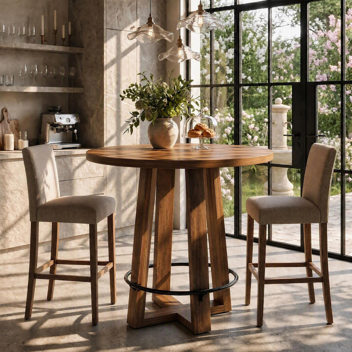 31" Round Counter Height Dining Table, full piece styled in a room