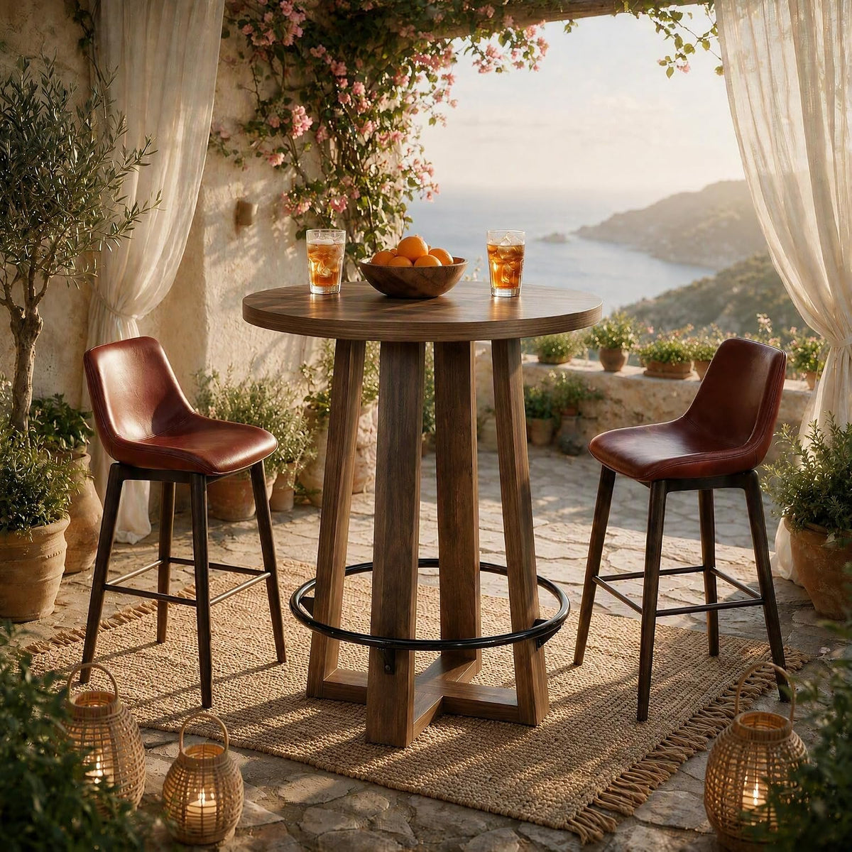 39"H Round Bar Table with Metal Footrest, full piece styled in a room