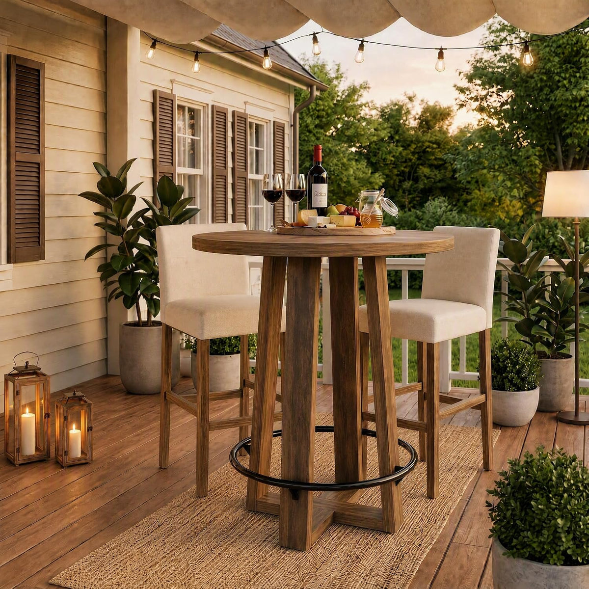 39"H Round Bar Table with Metal Footrest, angled three quarter view