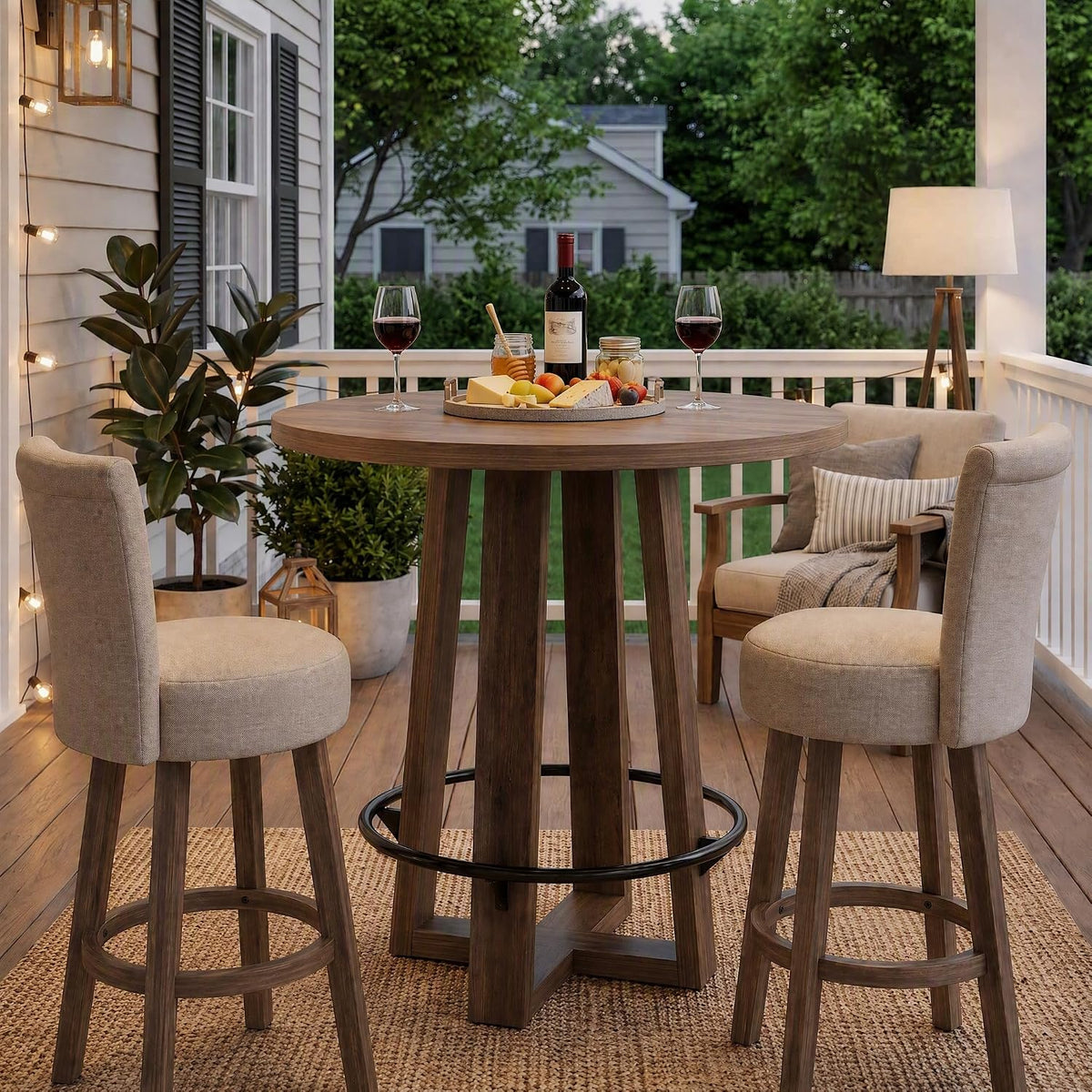 39"H Round Bar Table with Metal Footrest, grain and finish close up