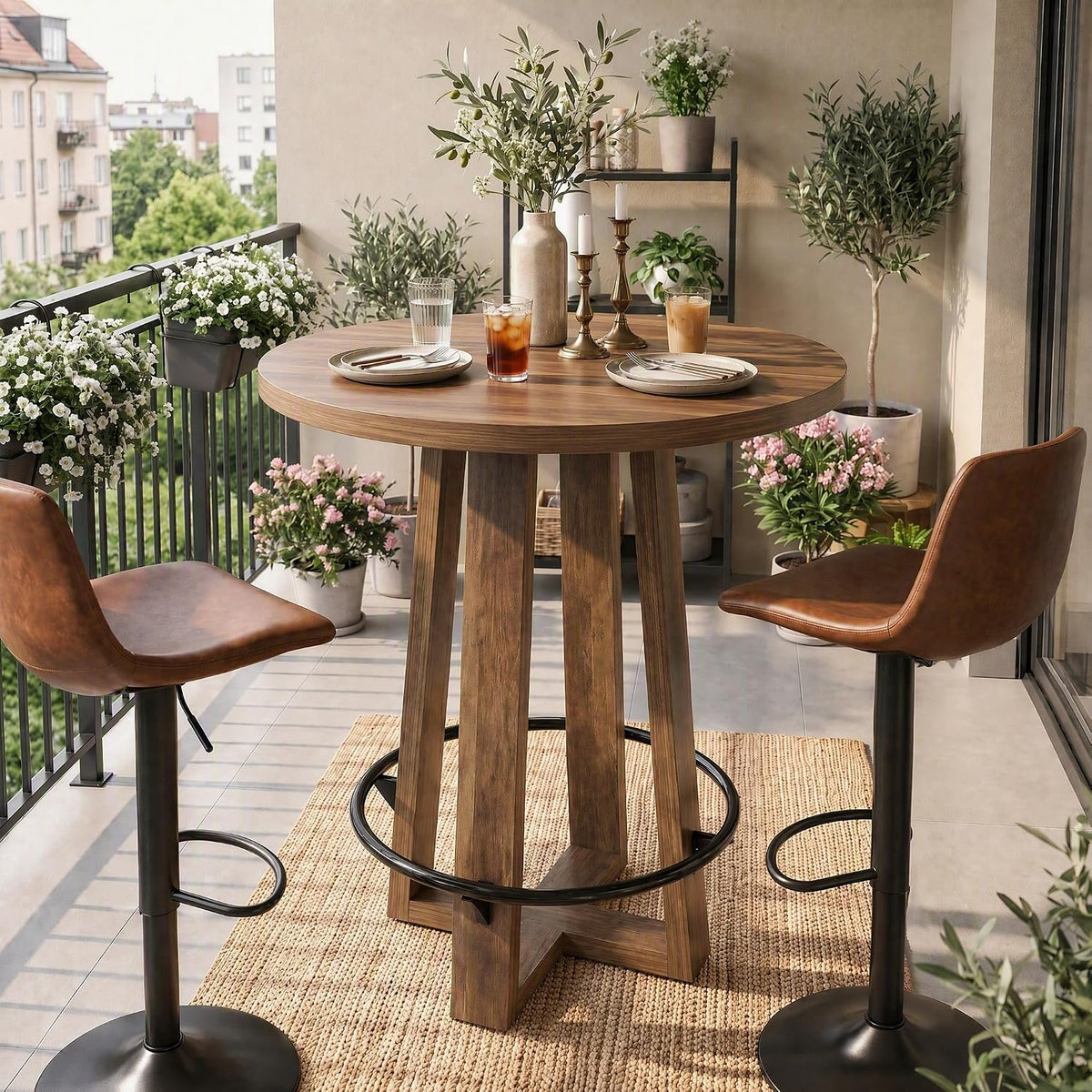 39"H Round Bar Table with Metal Footrest, drawer and handle detail
