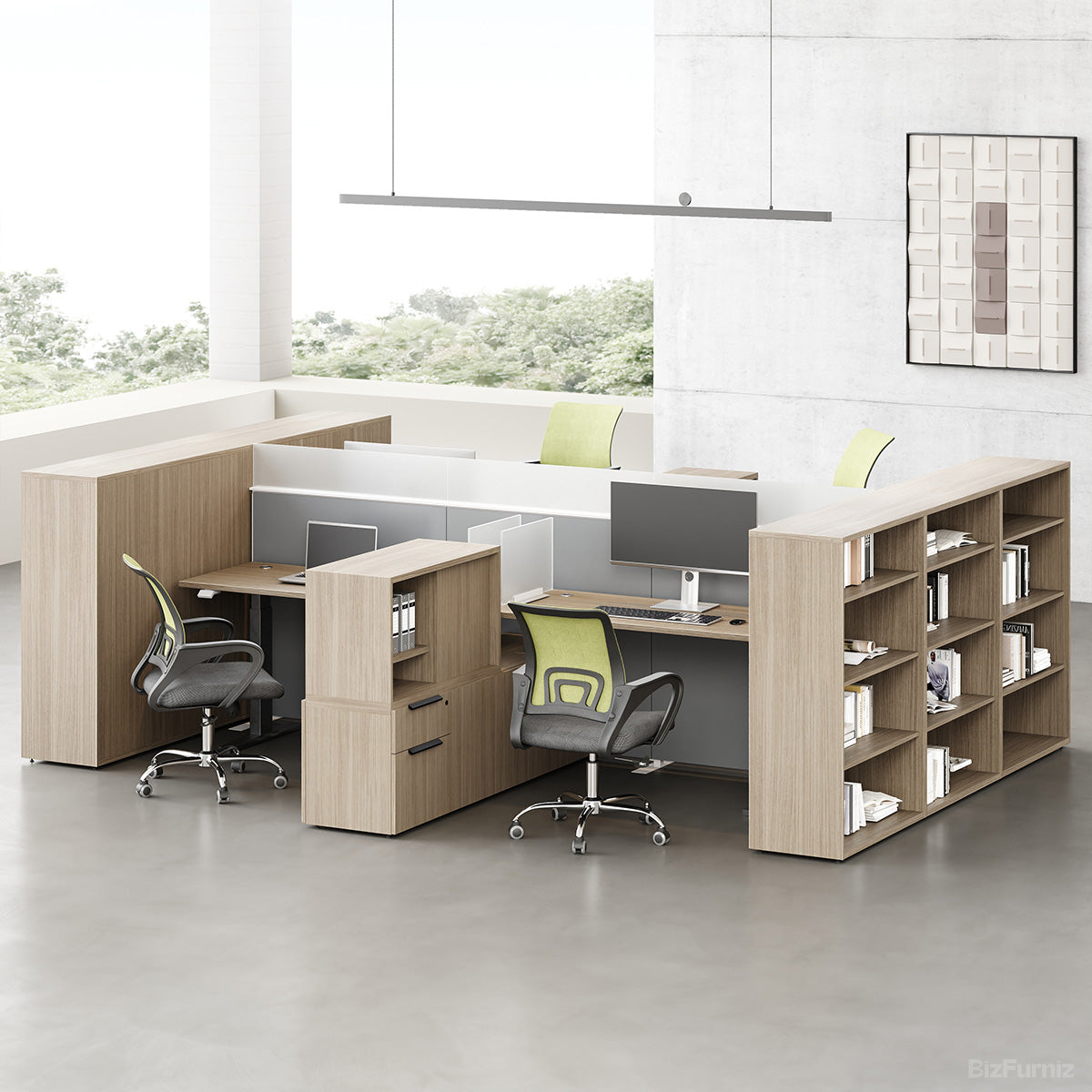 4-person Height-Adjustable Workstation Desk, styled in an office