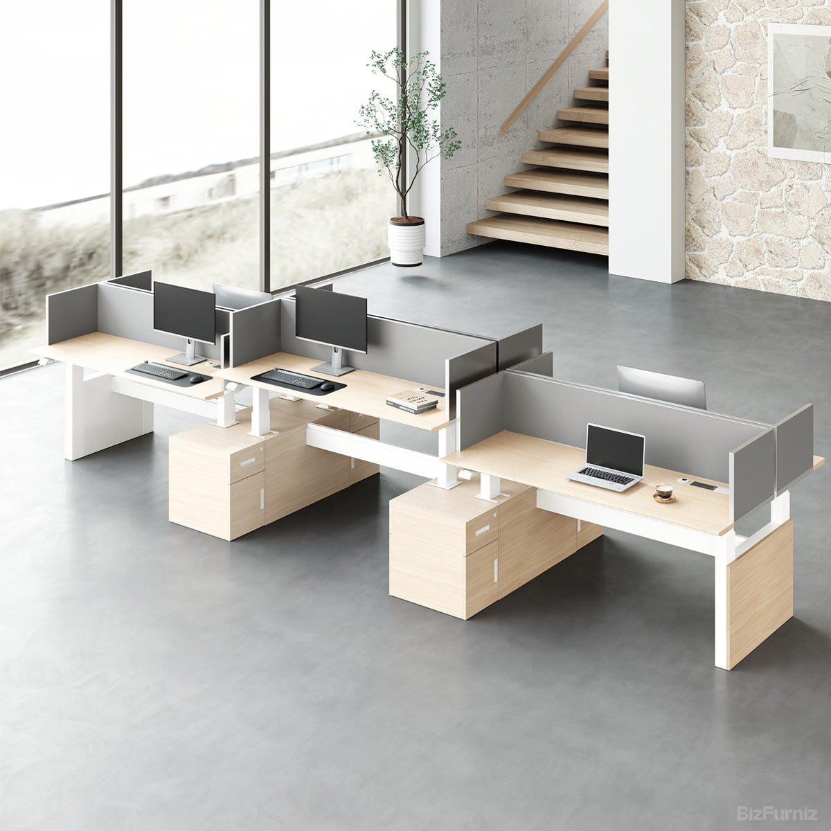 6-person Sit-to-Stand Office Desk, styled in an office