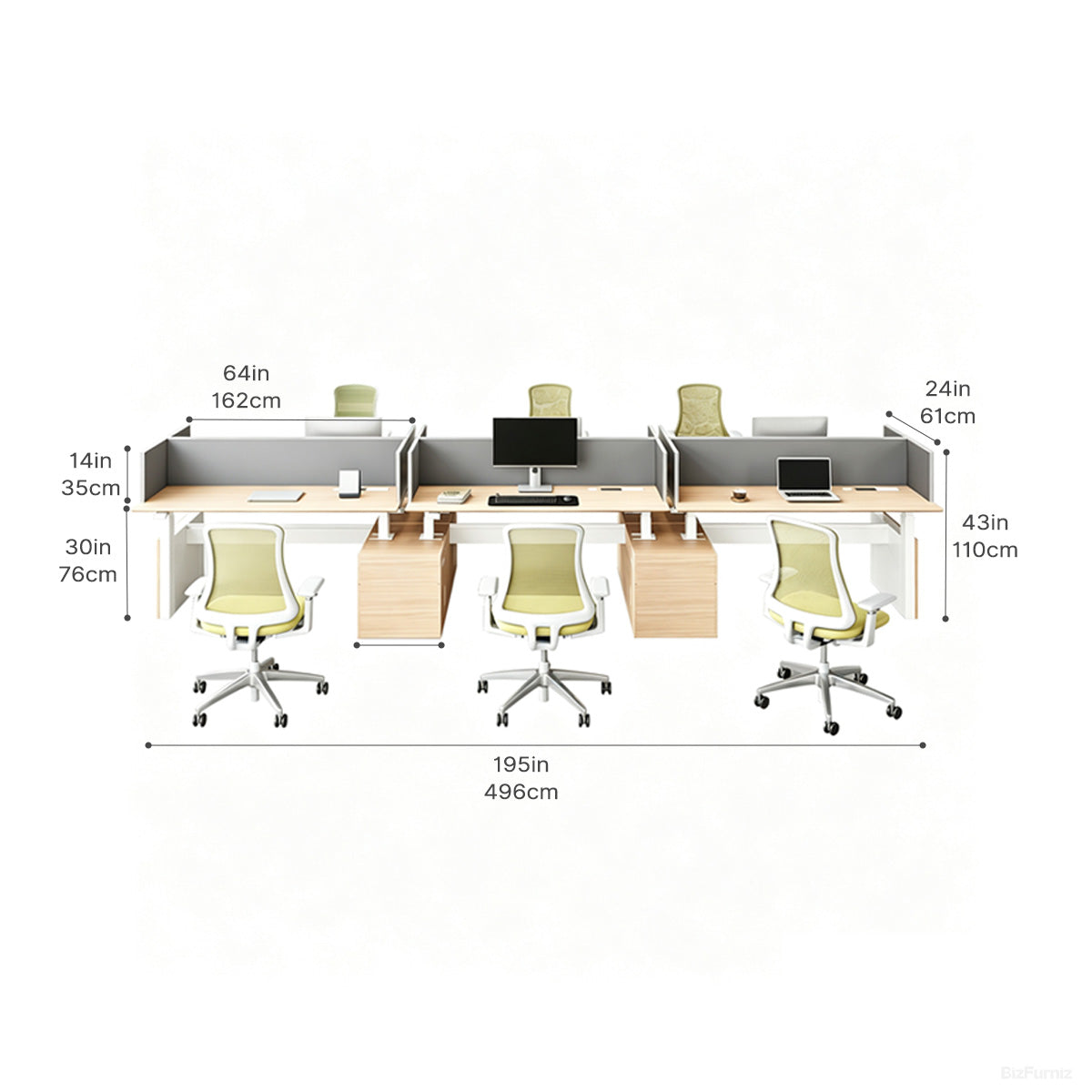6-person Sit-to-Stand Office Desk, height adjusted view