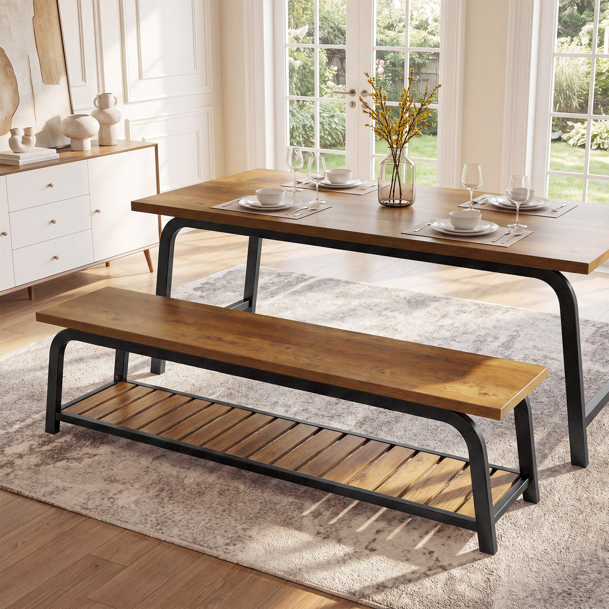 63" Industrial Dining Bench, angled three quarter view