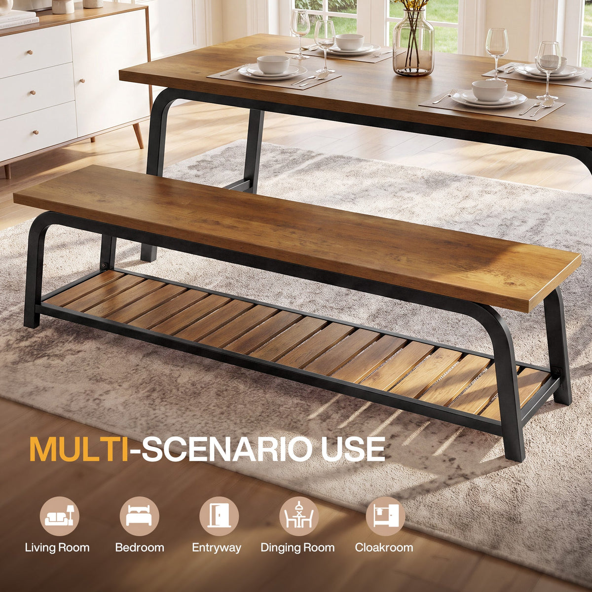 63" Industrial Dining Bench, grain and finish close up