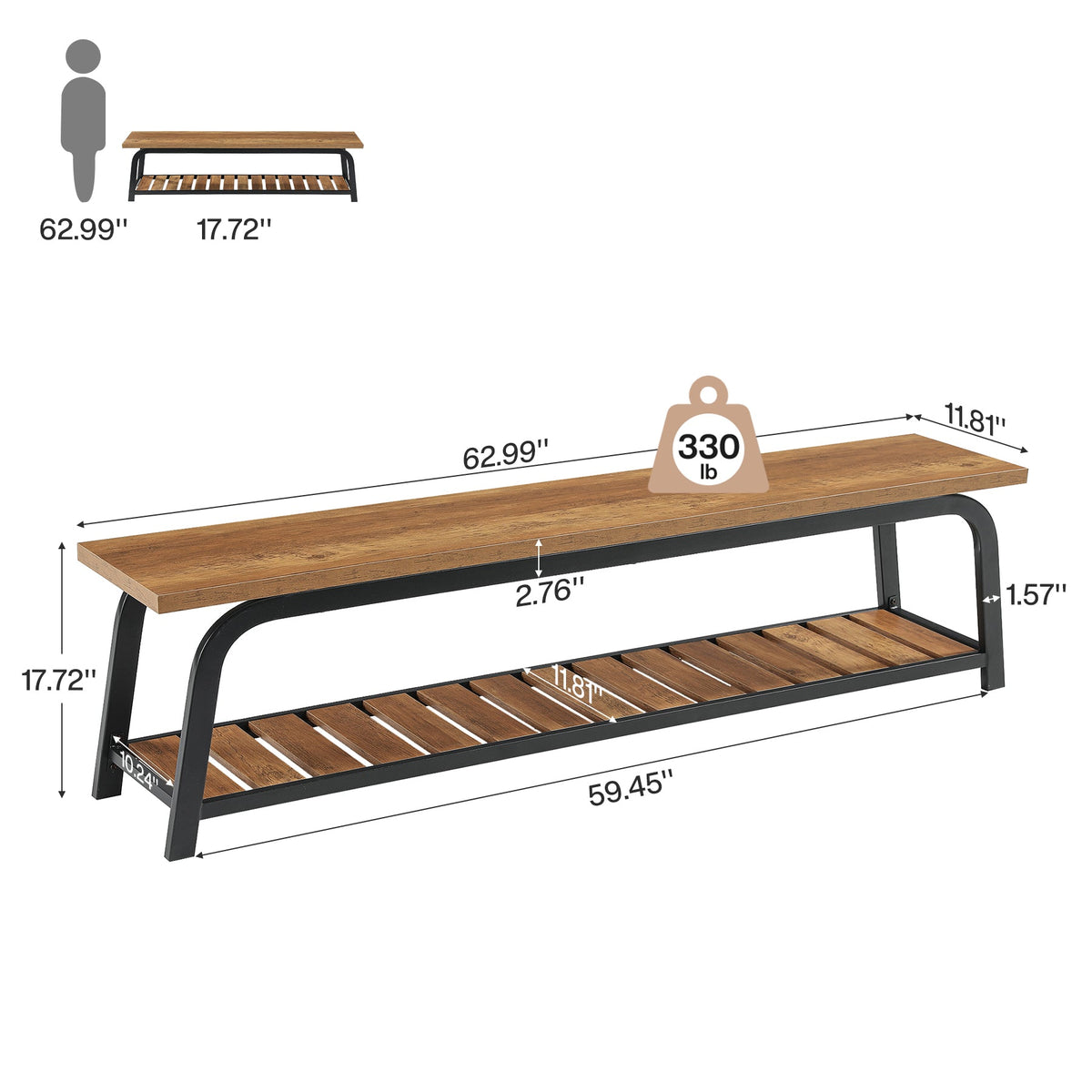 63" Industrial Entryway Bench, front view