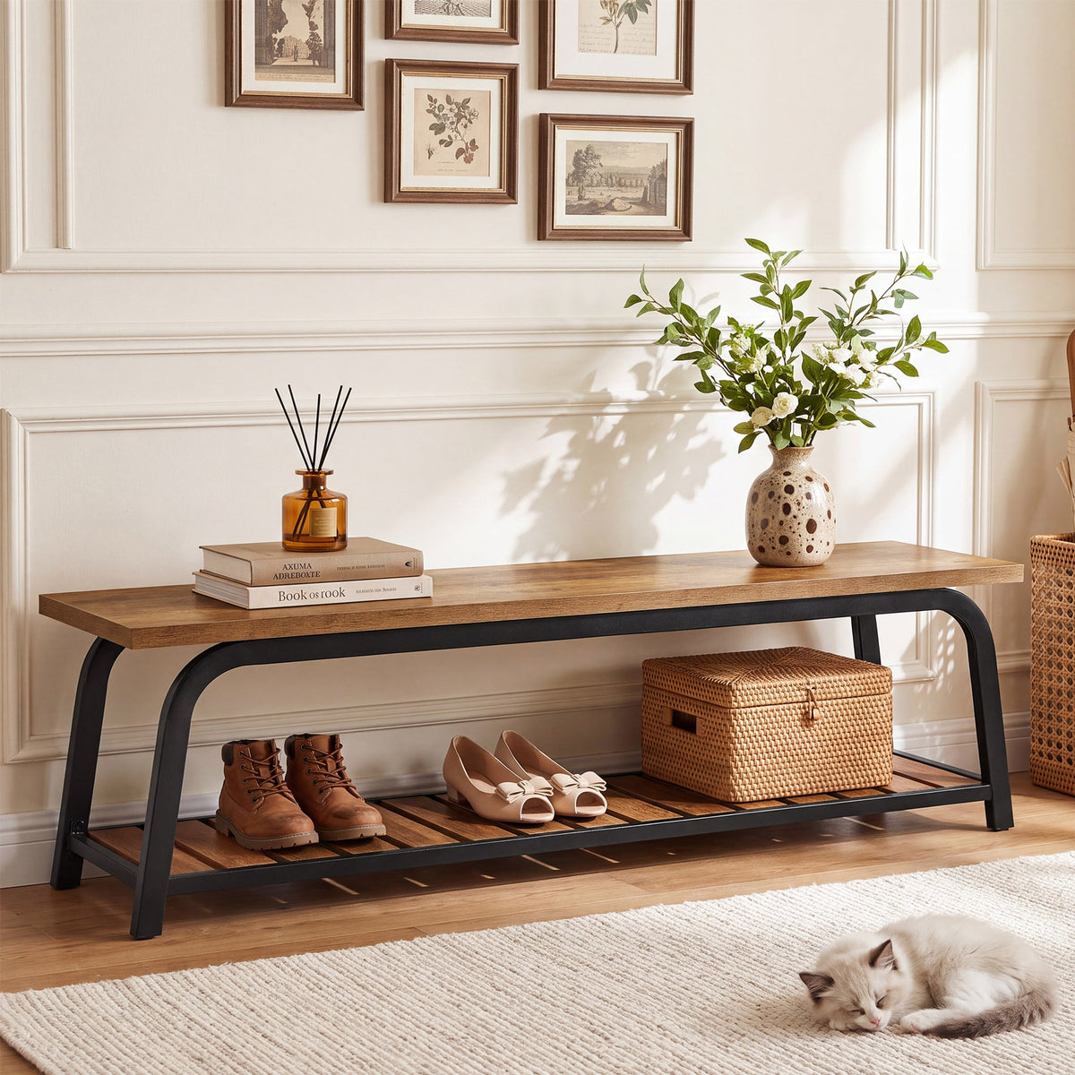 63" Industrial Entryway Bench, seat and backrest detail