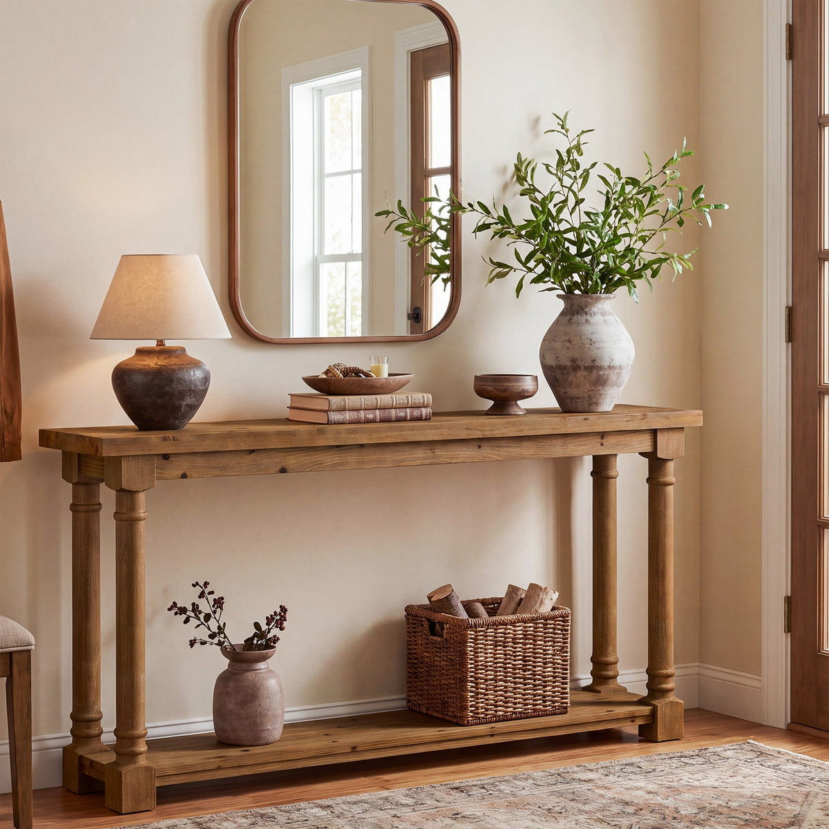 63" Solid Wood Console Table, full piece styled in a room