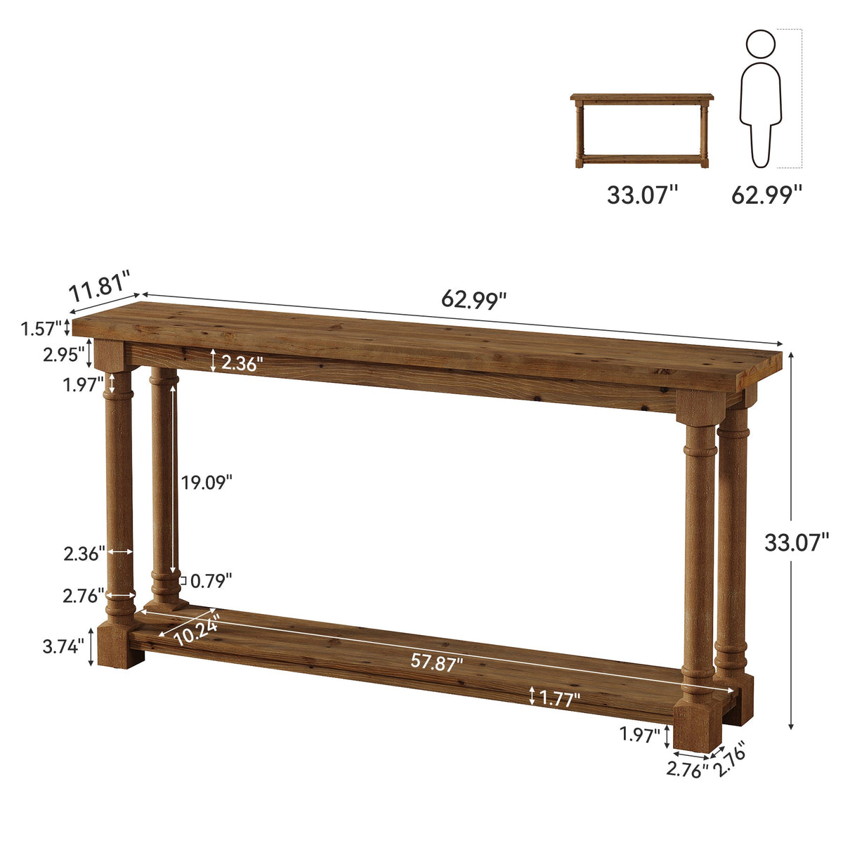 63" Solid Wood Console Table, front view