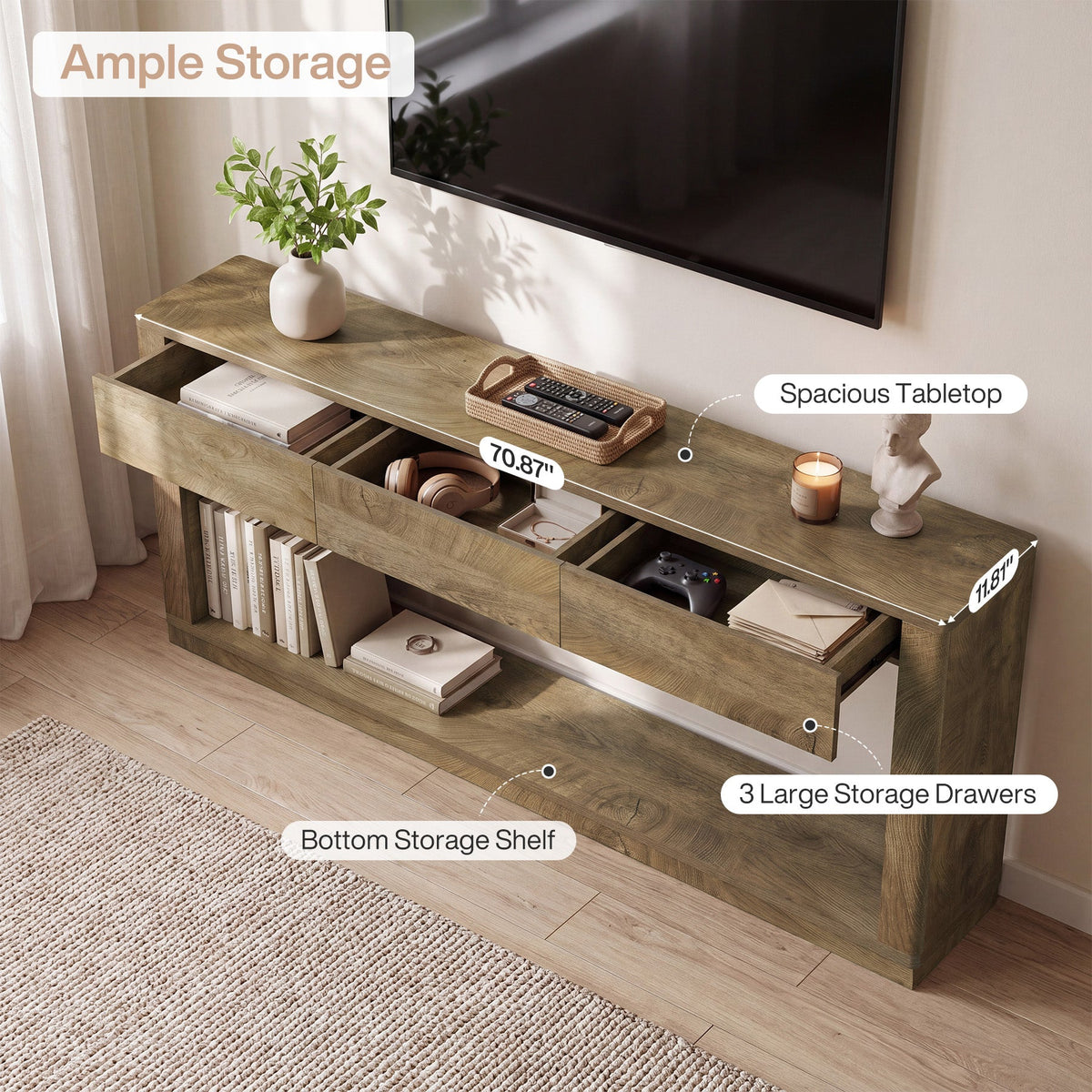 70.9" Console Table with 3-Drawer, full piece styled in a room