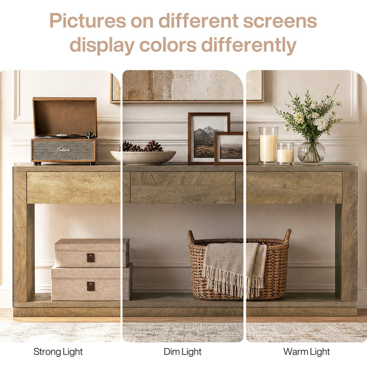 70.9" Console Table with 3-Drawer, grain and finish close up