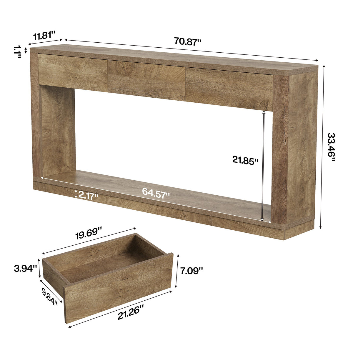 70.9" Console Table with 3-Drawer, drawer and handle detail