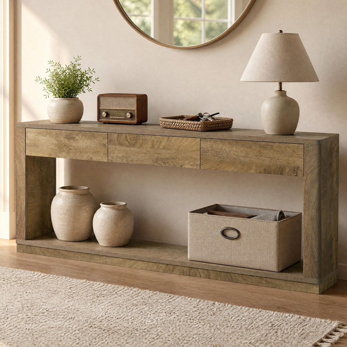 70.9" Console Table with 3-Drawer, top surface detail