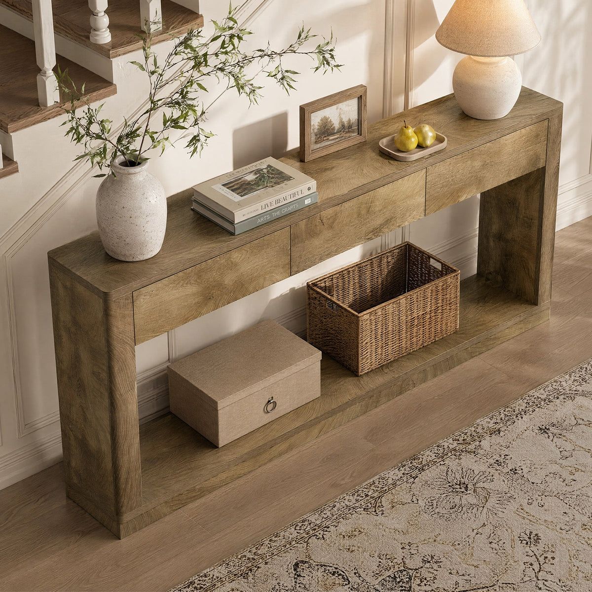 70.9" Console Table with 3-Drawer, leg and base detail