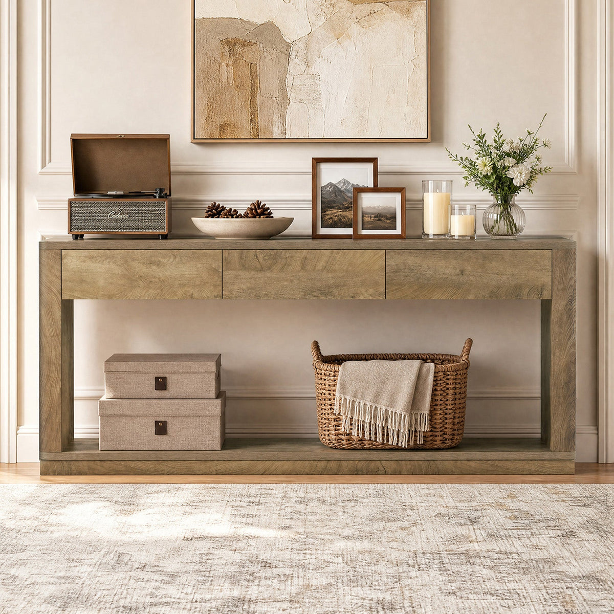 70.9" Console Table with 3-Drawer, styled with decor on top