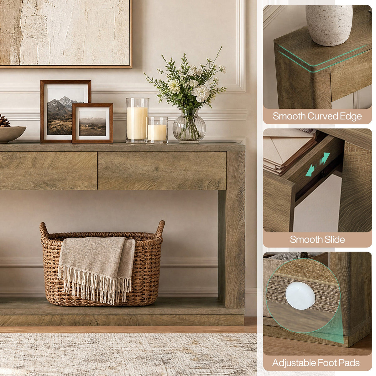 70.9" Console Table with 3-Drawer, scale beside a wall