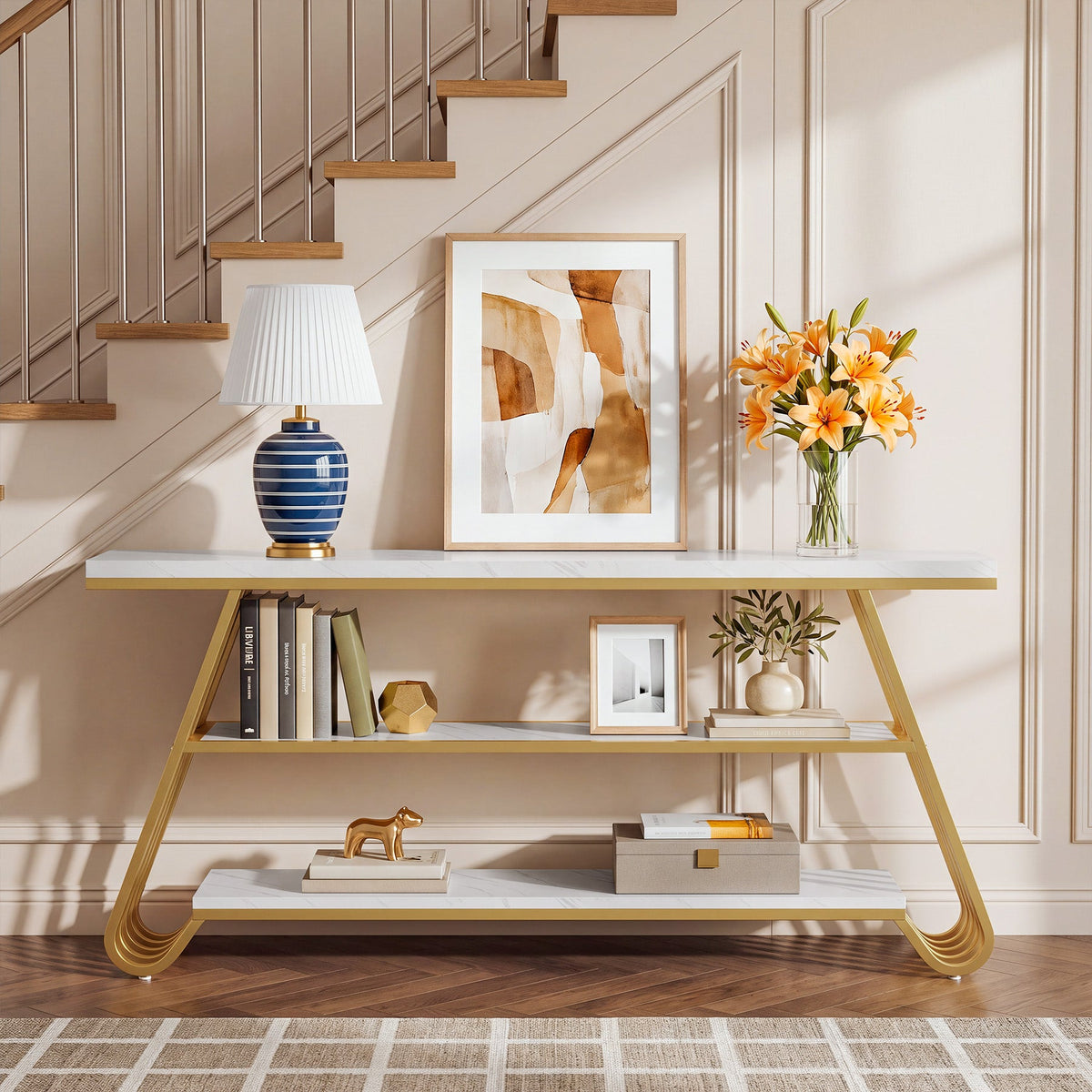 71" Faux Marble Console Table, leg and base detail