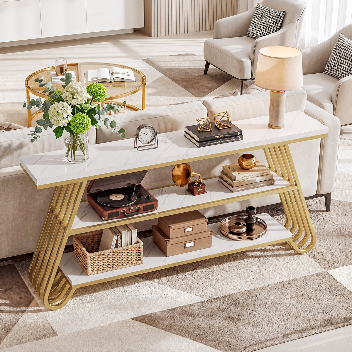 71" Faux Marble Console Table, styled with decor on top