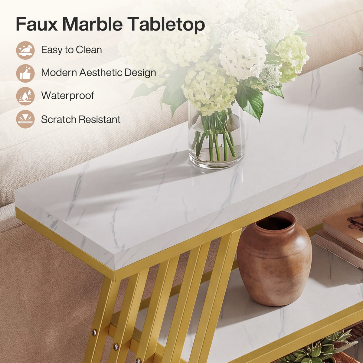 71" Faux Marble Console Table, scale beside a wall