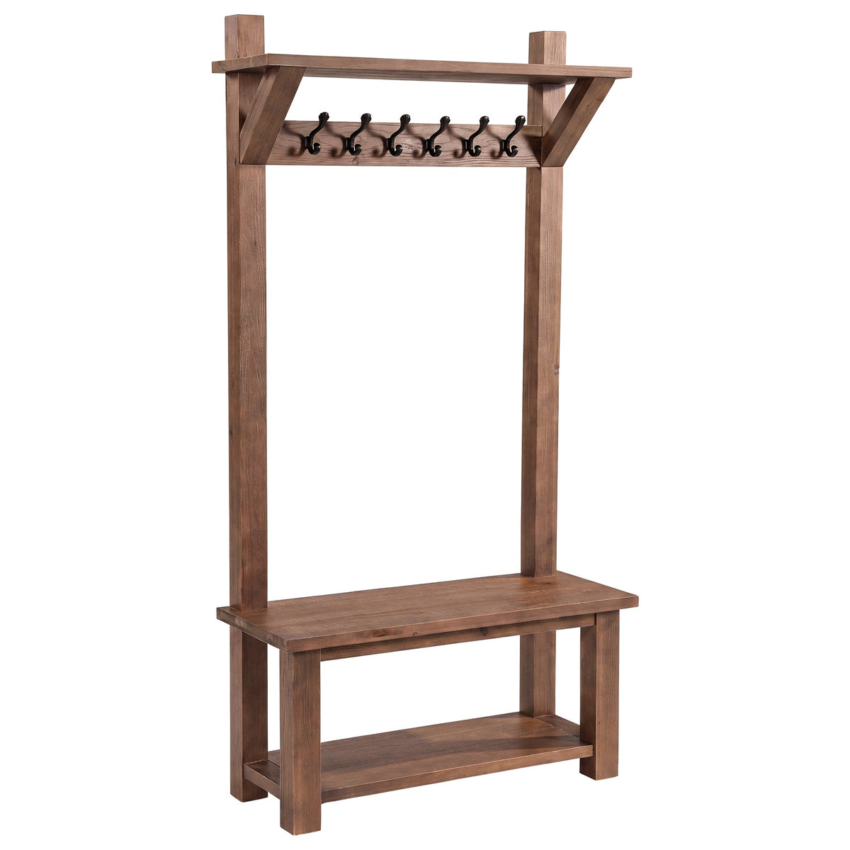71" Solid Wood Hall Tree, open storage view