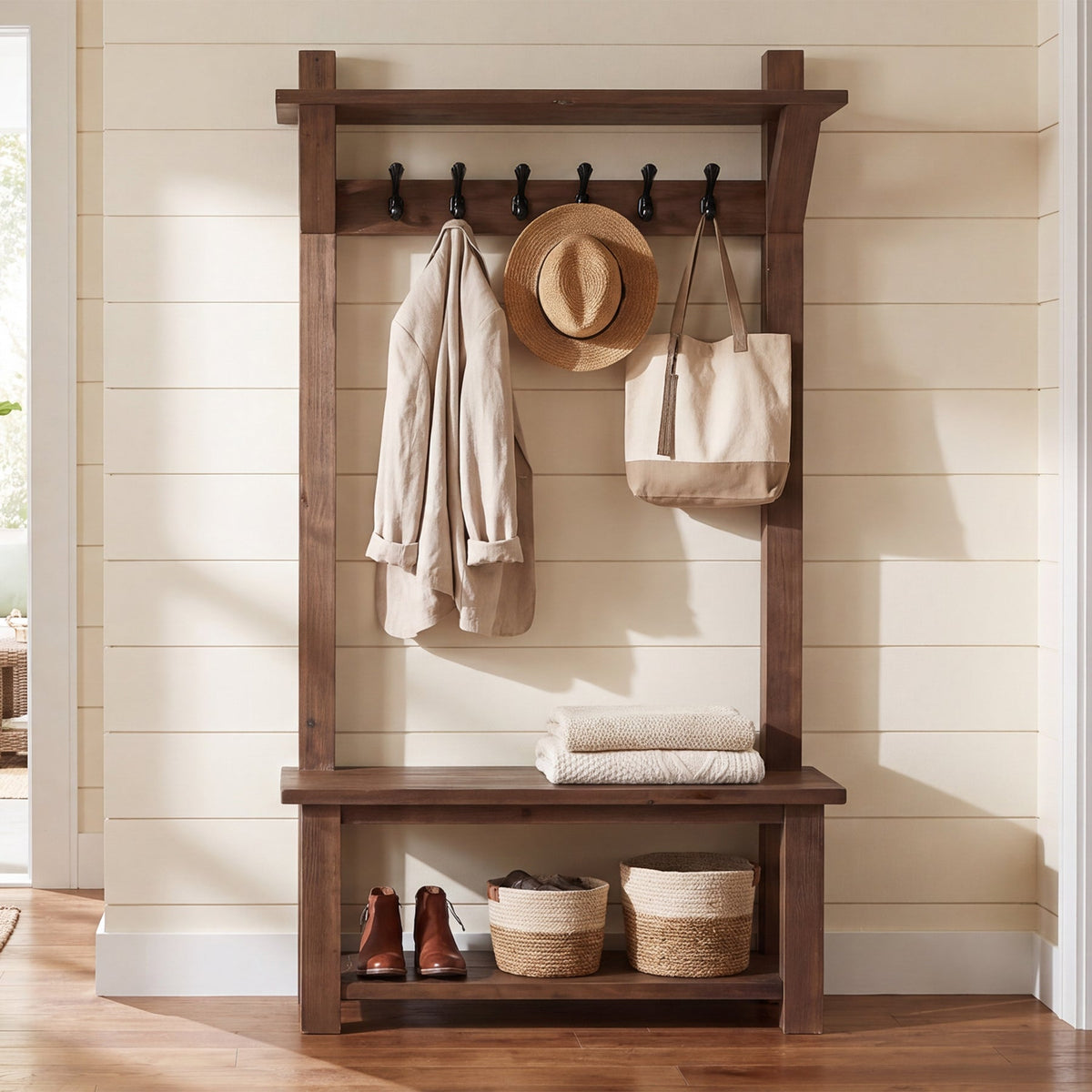 71" Solid Wood Hall Tree, angled three quarter view