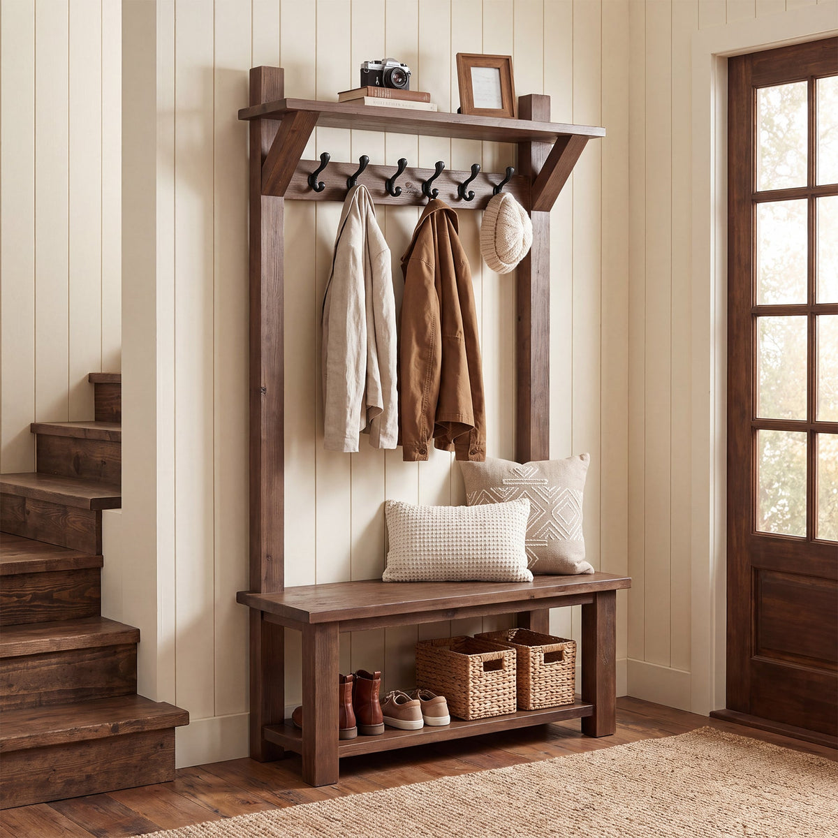 71" Solid Wood Hall Tree, grain and finish close up