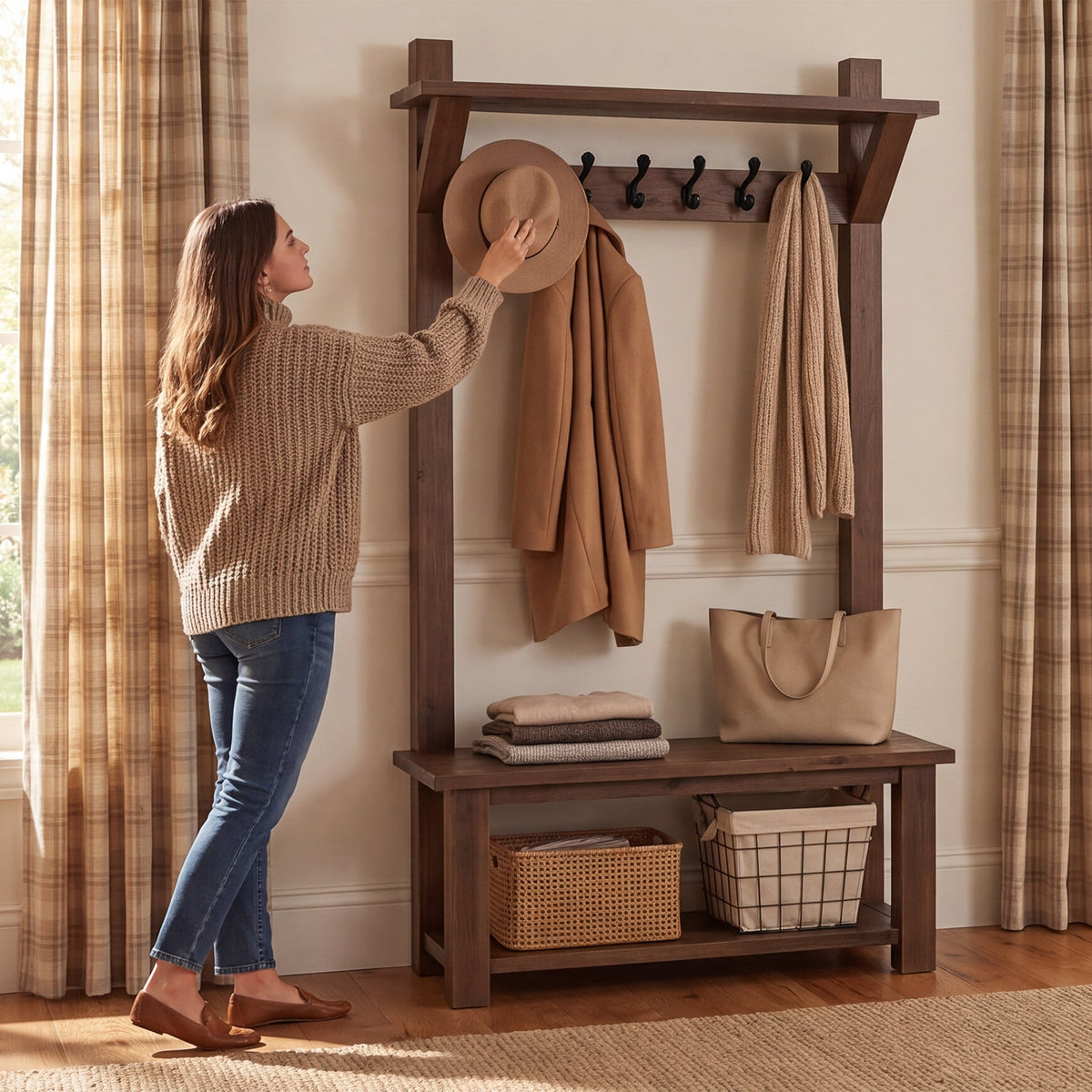 71" Solid Wood Hall Tree, drawer and handle detail