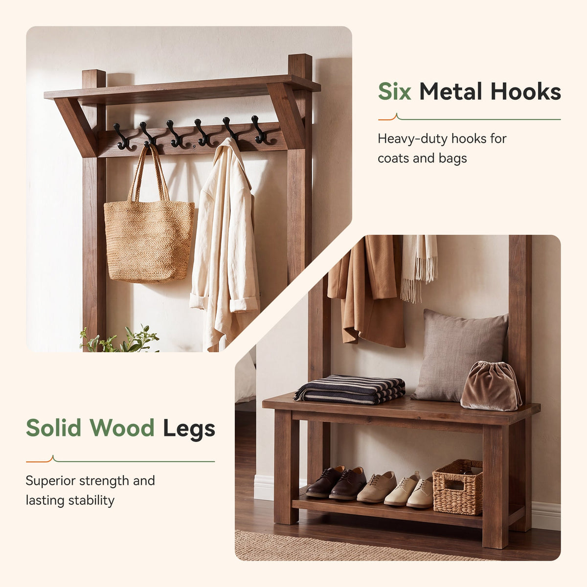 71" Solid Wood Hall Tree, top surface detail