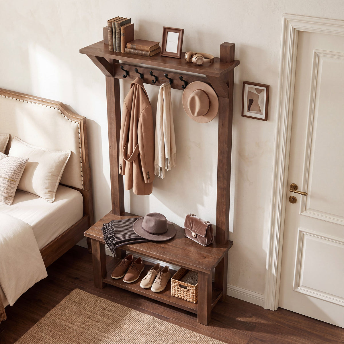 71" Solid Wood Hall Tree, scale beside a wall