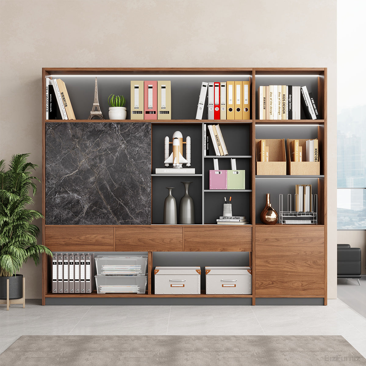 95" Modern Multi-Zone Bookshelf, open door and storage view