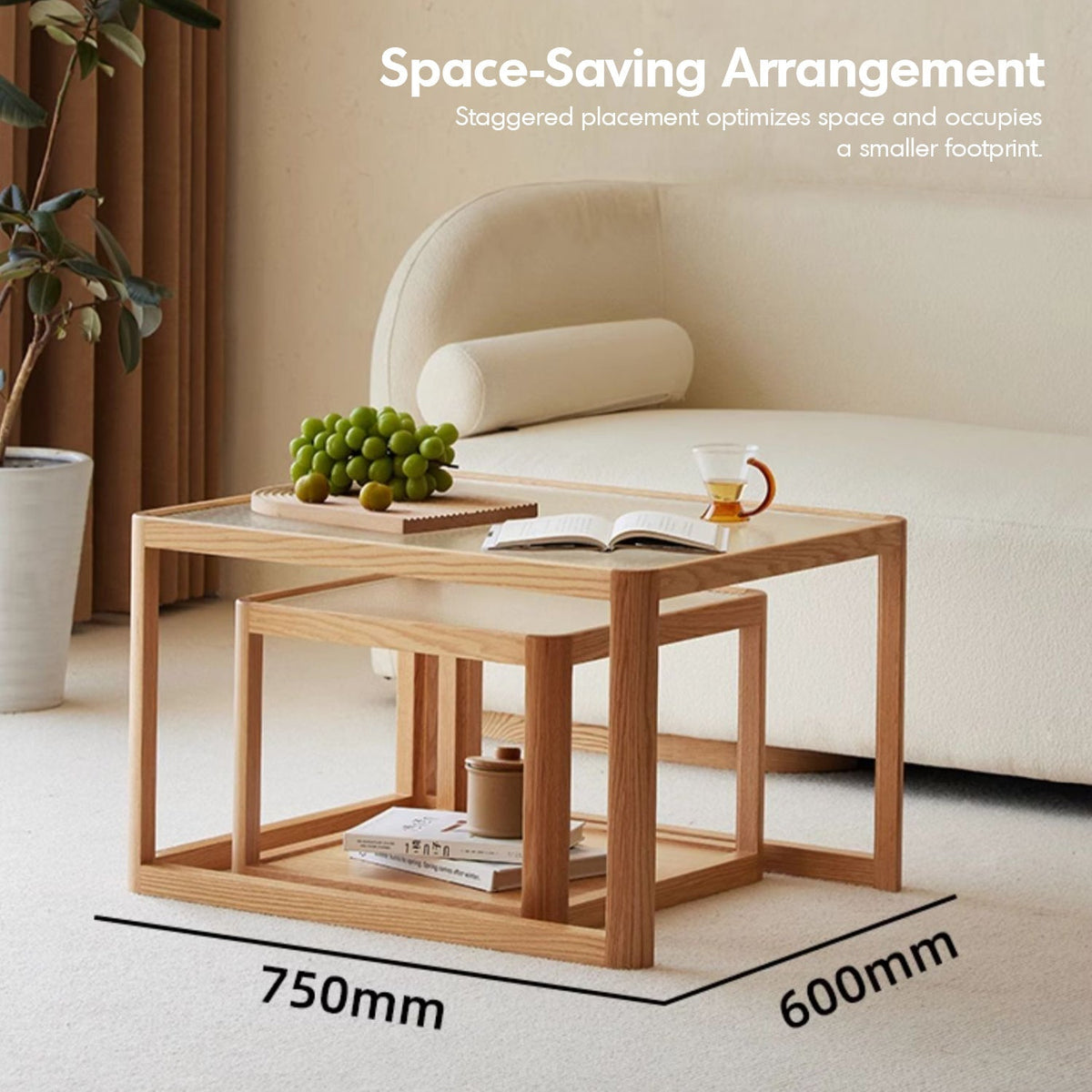 Scandinavian Oak Wood Moru Glass Coffee Table Set GLINT