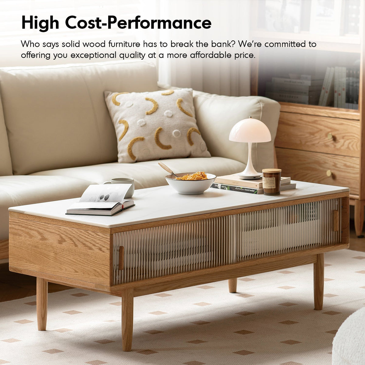 Scandinavian Oak Wood Sintered Stone Coffee Table VISTA
