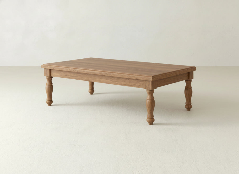 Abigail Coffee Table, Almond on Oak, cutout studio shot