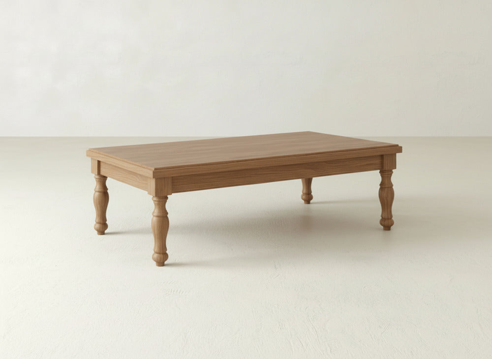 Abigail Coffee Table, Almond on Oak, styled in a dining space