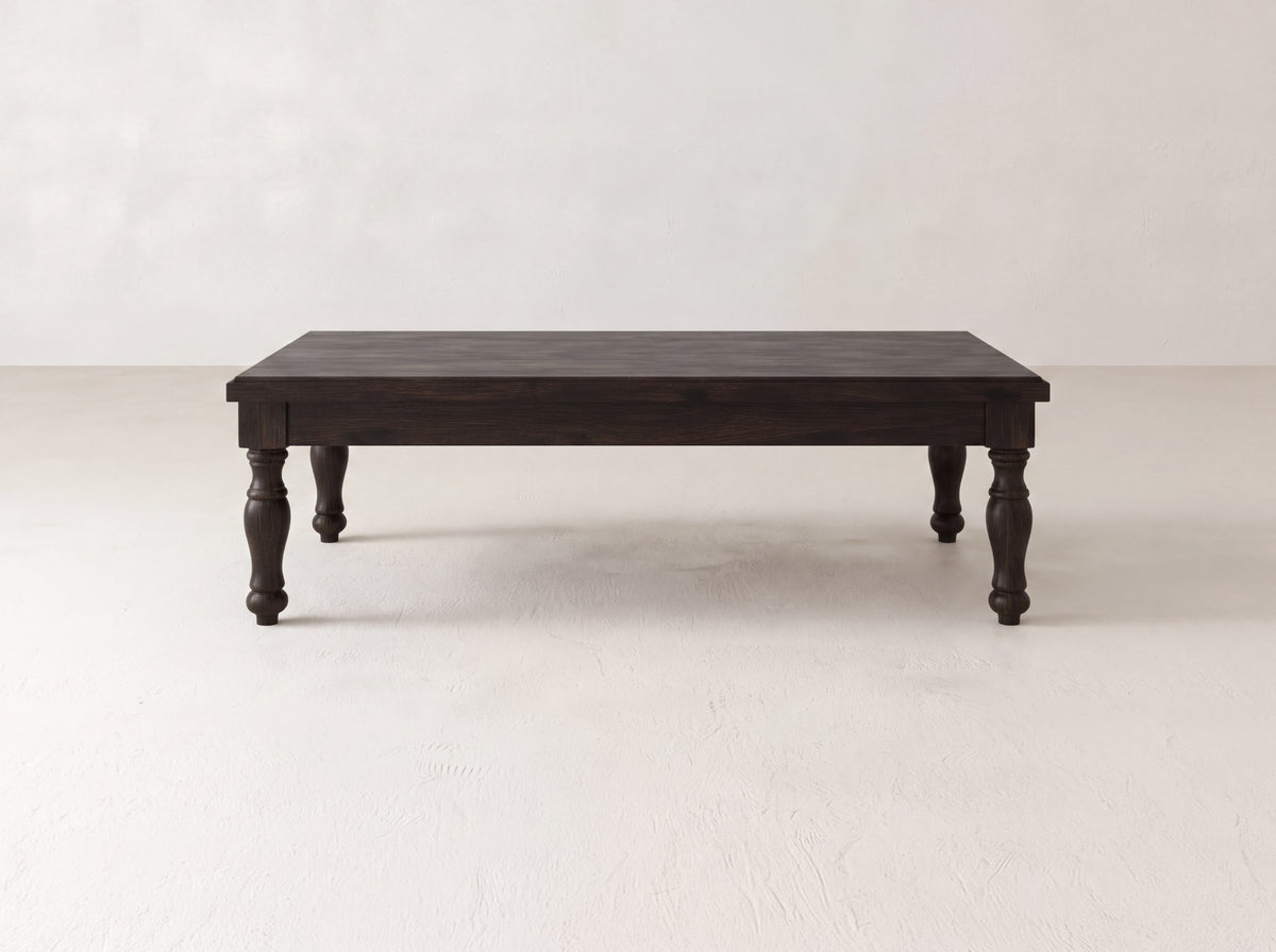 Abigail Coffee Table, Espresso on Oak, styled in a dining space