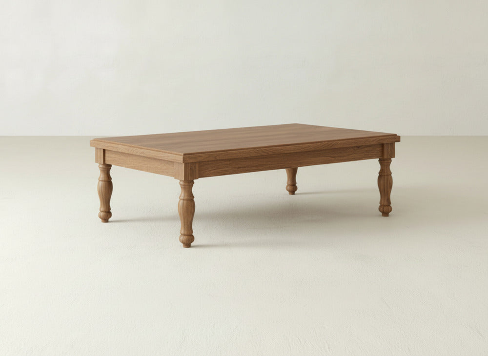 Abigail Coffee Table, Oat on Oak, styled in a dining space