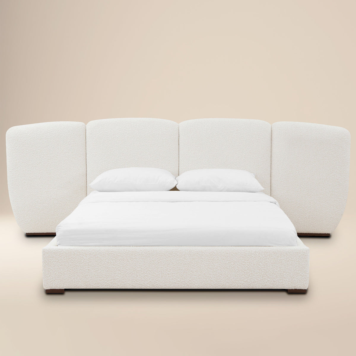 Acadia Pine Bed, Froth White Boucle, King, full bed with bedding