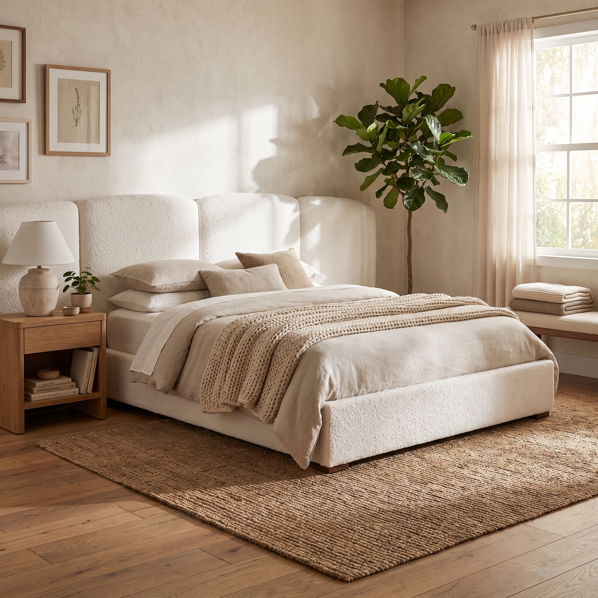 Acadia Pine Bed, Froth White Boucle, King, styled in a room setting